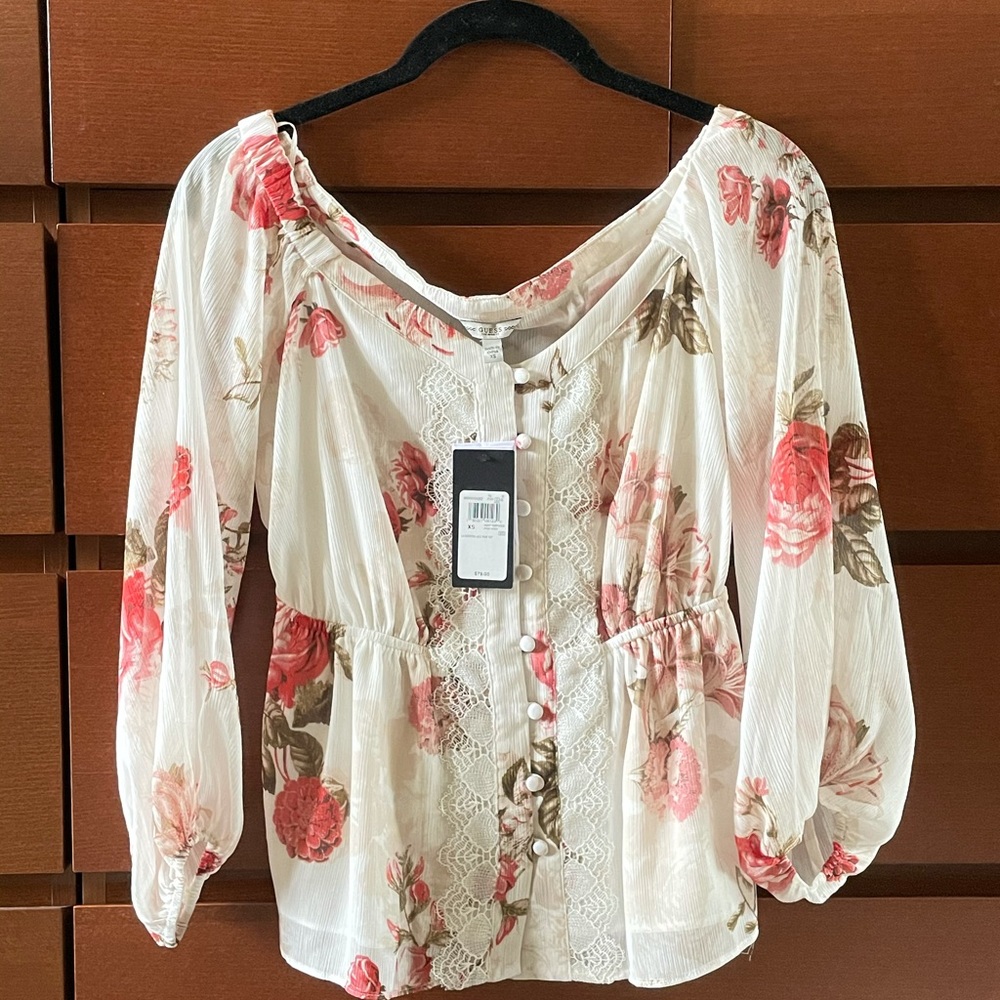 Guess Lace Trim Floral Blouse